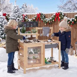 Kinder Matschküche Outdoor Kinderspielküche mit Herd Spüle Wassertank Pflanztöpfen und Kreidetafel