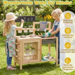 Kinder Matschküche Outdoor Kinderspielküche mit Herd Spüle Wassertank Pflanztöpfen und Kreidetafel