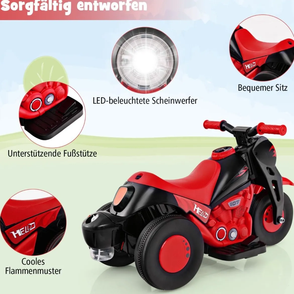Kinder Motorrad mit Seifenblasenmaschine & Musik & LED Scheinwerfer Kindermotorrad Rot