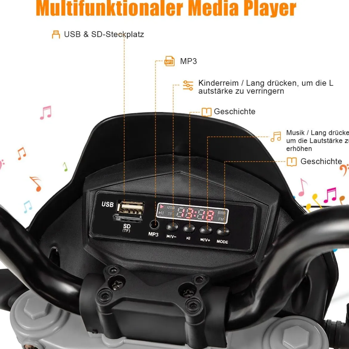 Kinder Motorrad mit Stützrädern Elektro-Motorrad mit LED-Lichter und Musik Schwarz