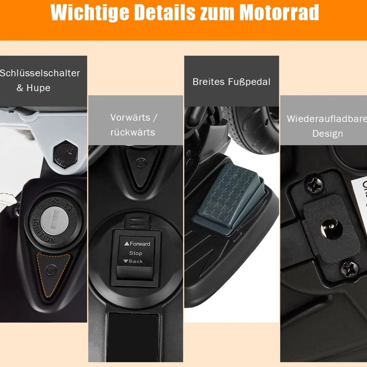 Kinder Motorrad mit Stützrädern Elektro-Motorrad mit LED-Lichter und Musik Kindermotorrad bis 25kg belastbar Rot