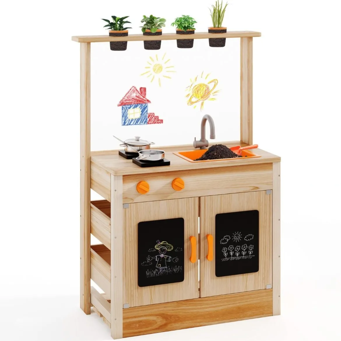 Kinder Mud Kitchen mit Pflanzentöpfen & Kochgeschirr & Herden Holz Spielküche Spielset