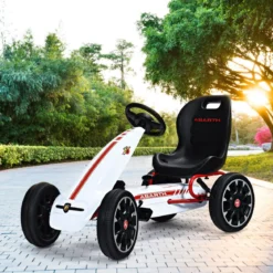 Kinder Pedal Go Kart Aufsitzauto mit Verstellbarem Schalensitz Kinderfahrzeug für Kinder Gokart Weiß
