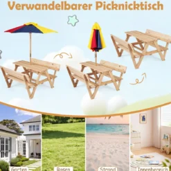 Kinder Picknicktisch mit Sonnenschirm Kindersitzgruppe aus Tannenholz mit 2 Bänken und Rückenlehnen