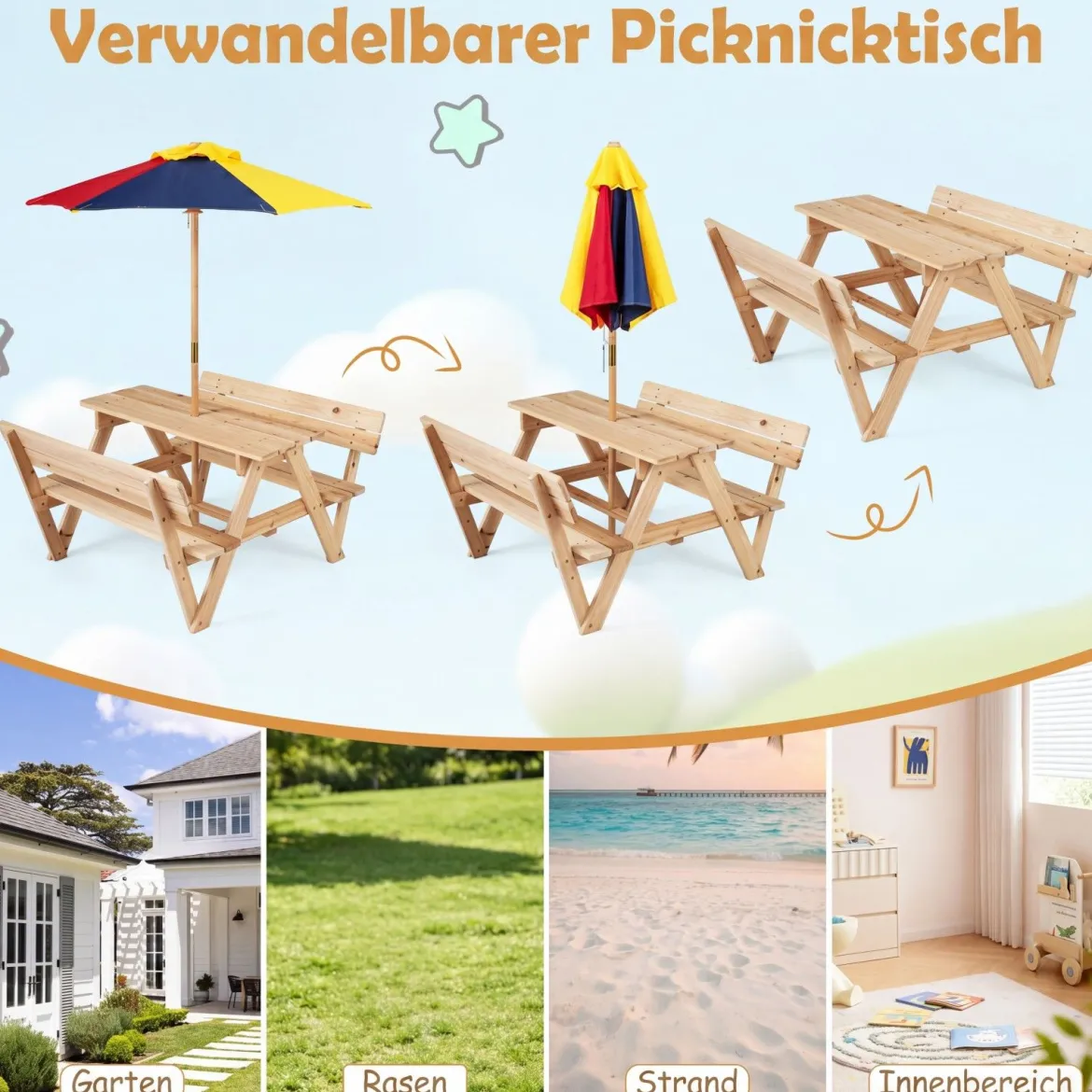 Kinder Picknicktisch mit Sonnenschirm Kindersitzgruppe aus Tannenholz mit 2 Bänken und Rückenlehnen