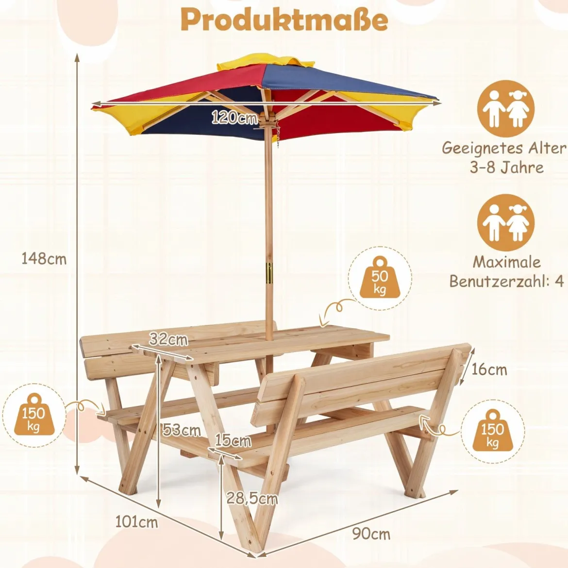 Kinder Picknicktisch mit Sonnenschirm Kindersitzgruppe aus Tannenholz mit 2 Bänken und Rückenlehnen