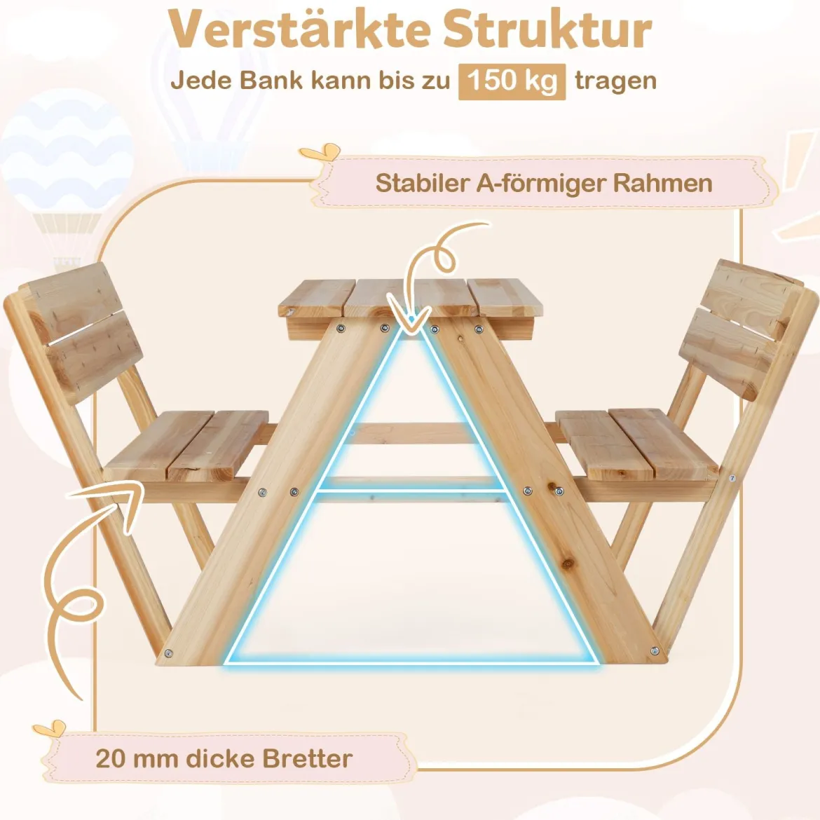 Kinder Picknicktisch Outdoor Kindersitzgruppe mit Tisch & 2 Sitzbänken Holz Kindersitzgarnitur