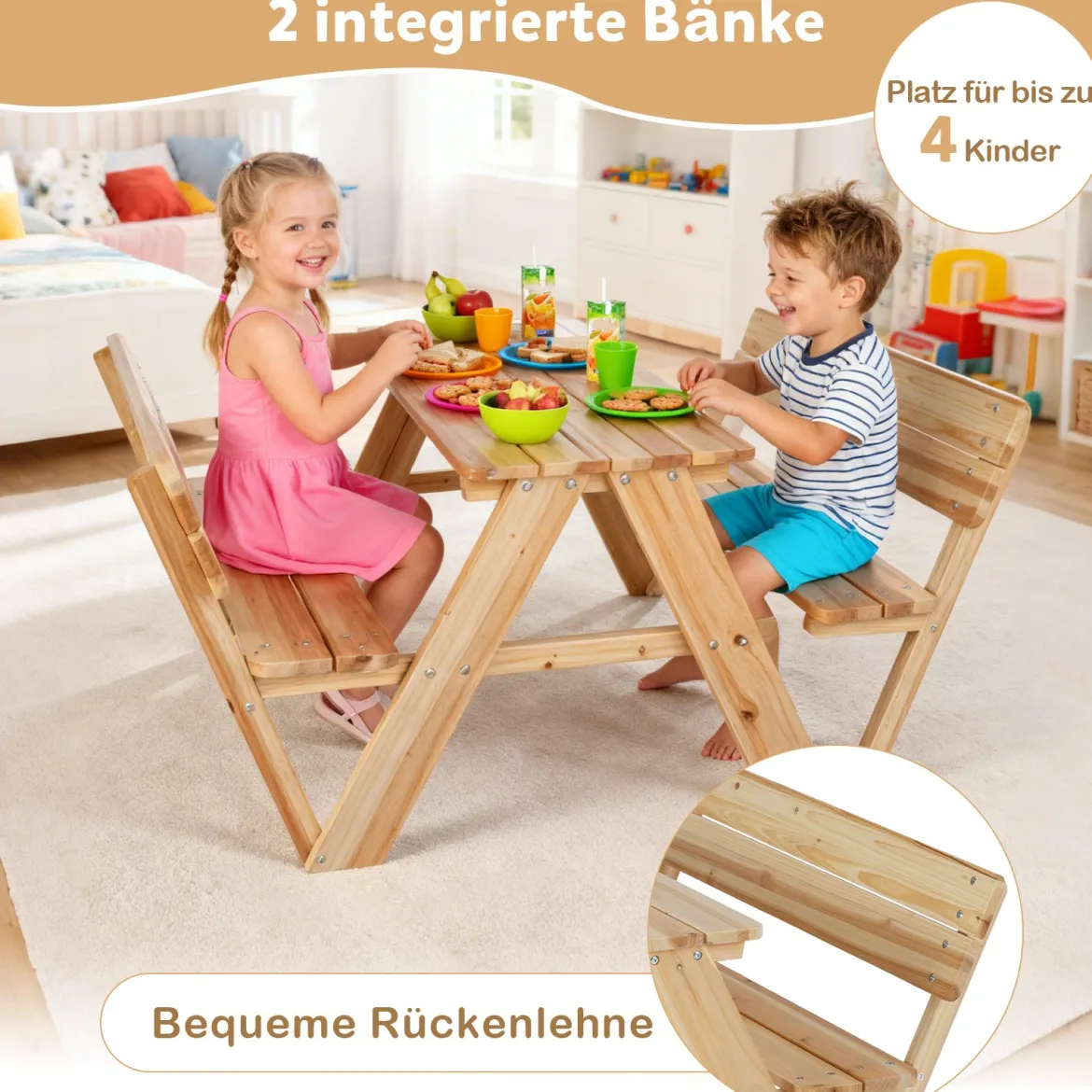 Kinder Picknicktisch Outdoor Kindersitzgruppe mit Tisch & 2 Sitzbänken Holz Kindersitzgarnitur