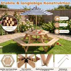 Kinder Picknicktisch Sechseckig Kindersitzgruppe mit Abnehmbarem Sonnenschirm für 6 Kinder