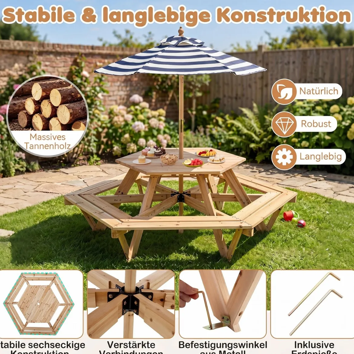 Kinder Picknicktisch Sechseckig Kindersitzgruppe mit Abnehmbarem Sonnenschirm für 6 Kinder
