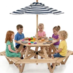 Kinder Picknicktisch Sechseckig Kindersitzgruppe mit Abnehmbarem Sonnenschirm für 6 Kinder