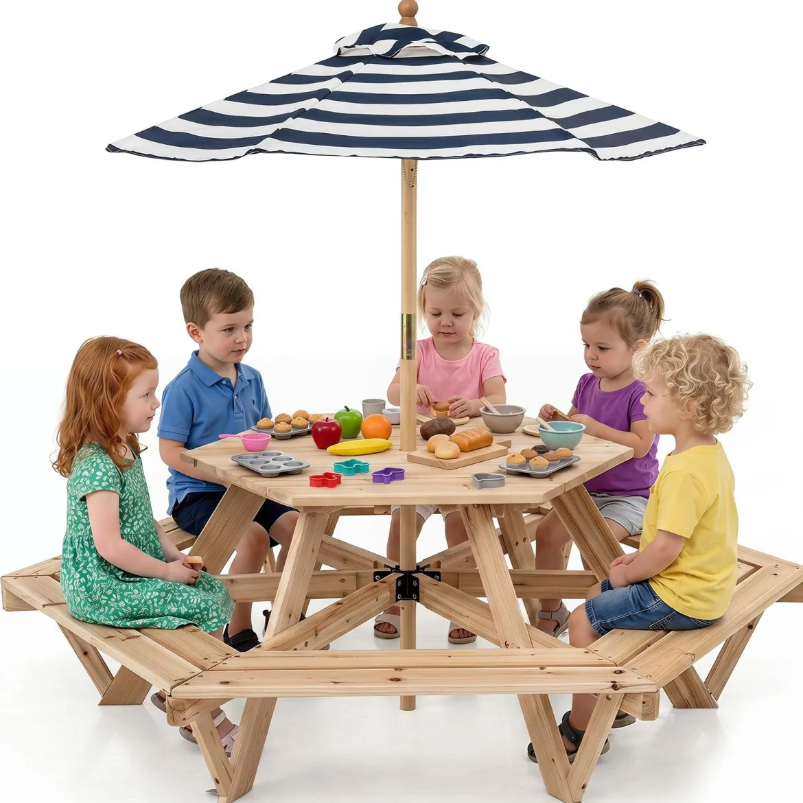 Kinder Picknicktisch Sechseckig Kindersitzgruppe mit Abnehmbarem Sonnenschirm für 6 Kinder