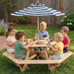 Kinder Picknicktisch Sechseckig Kindersitzgruppe mit Abnehmbarem Sonnenschirm für 6 Kinder