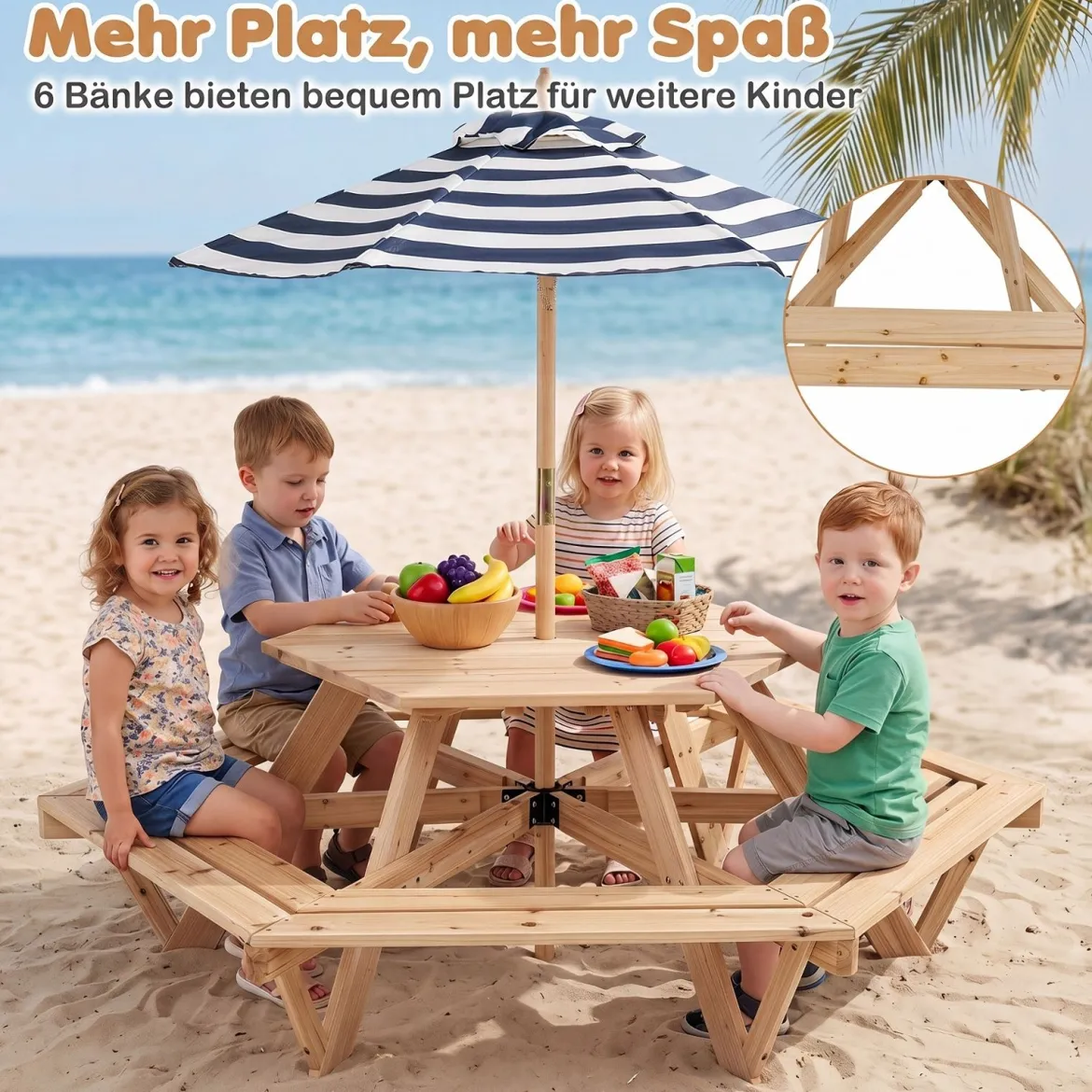 Kinder Picknicktisch Sechseckig Kindersitzgruppe mit Abnehmbarem Sonnenschirm für 6 Kinder