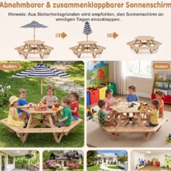 Kinder Picknicktisch Sechseckig Kindersitzgruppe mit Abnehmbarem Sonnenschirm für 6 Kinder