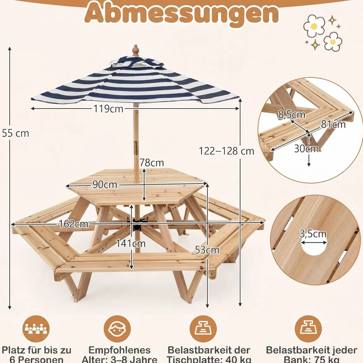 Kinder Picknicktisch Sechseckig Kindersitzgruppe mit Abnehmbarem Sonnenschirm für 6 Kinder