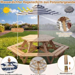 Kinder Picknicktisch Sechseckig Kindersitzgruppe mit Abnehmbarem Sonnenschirm für 6 Kinder
