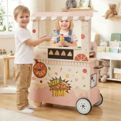 Kinder Pizza Food Truck Holz-Snackwagen zum Rollenspielen mit Ofen magnetische Tafel Rosa