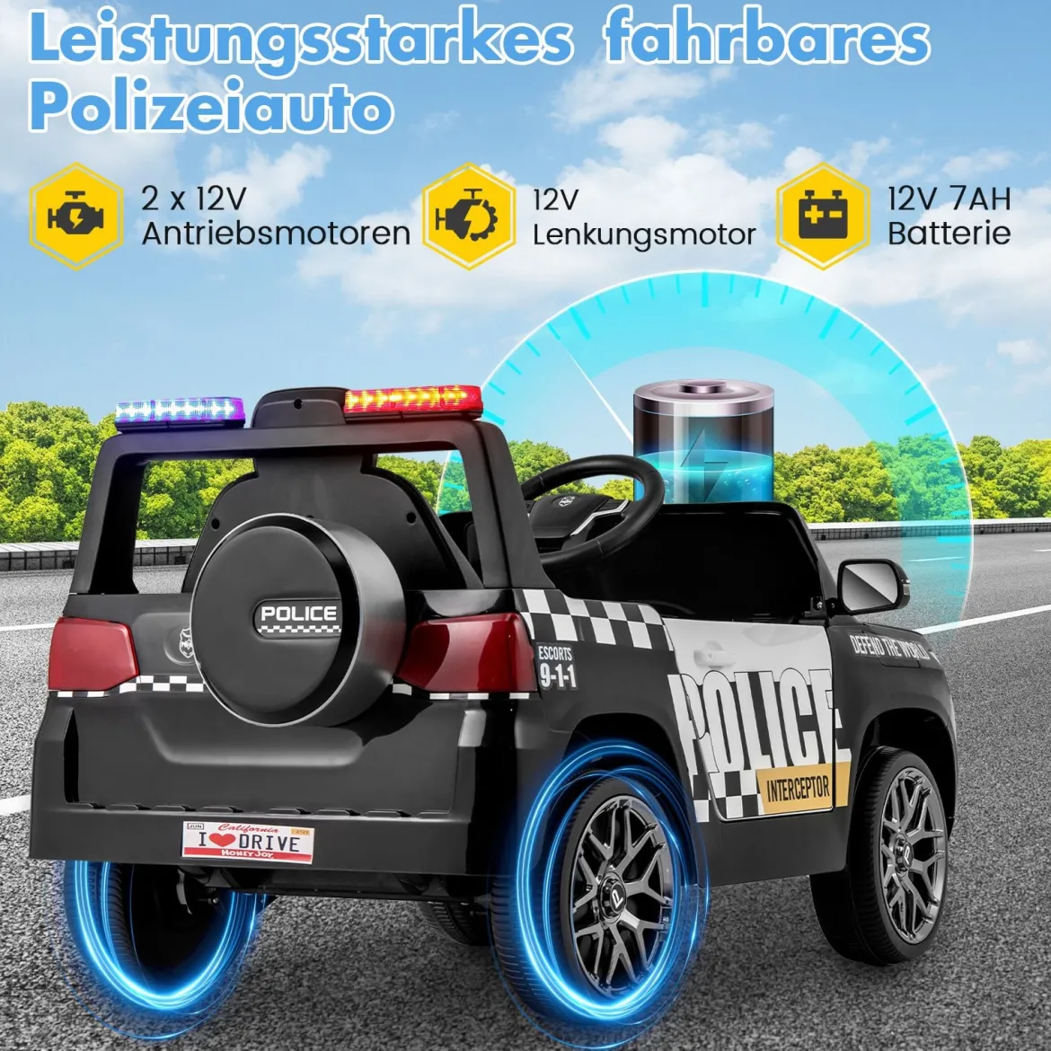 Kinder-Polizeiauto 12V betriebenes Polizeiauto mit Fernbedienung kabelloser Verbindung Musik Hupe Sirene & LED-Blinklichtern Schwarz