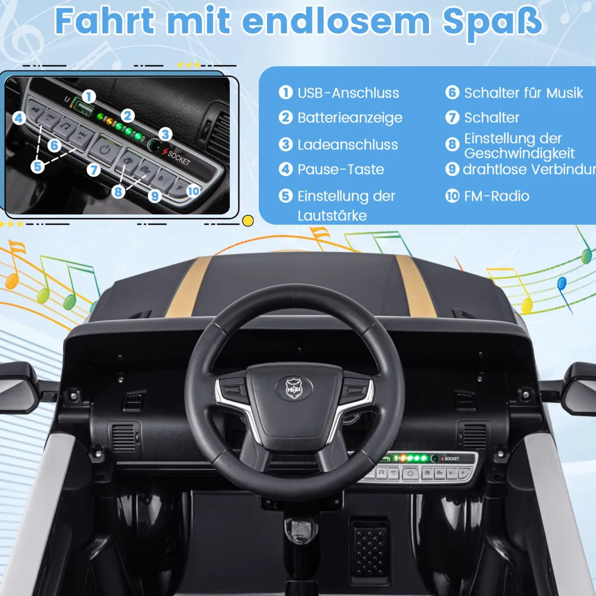 Kinder-Polizeiauto 12V betriebenes Polizeiauto mit Fernbedienung kabelloser Verbindung Musik Hupe Sirene & LED-Blinklichtern Schwarz
