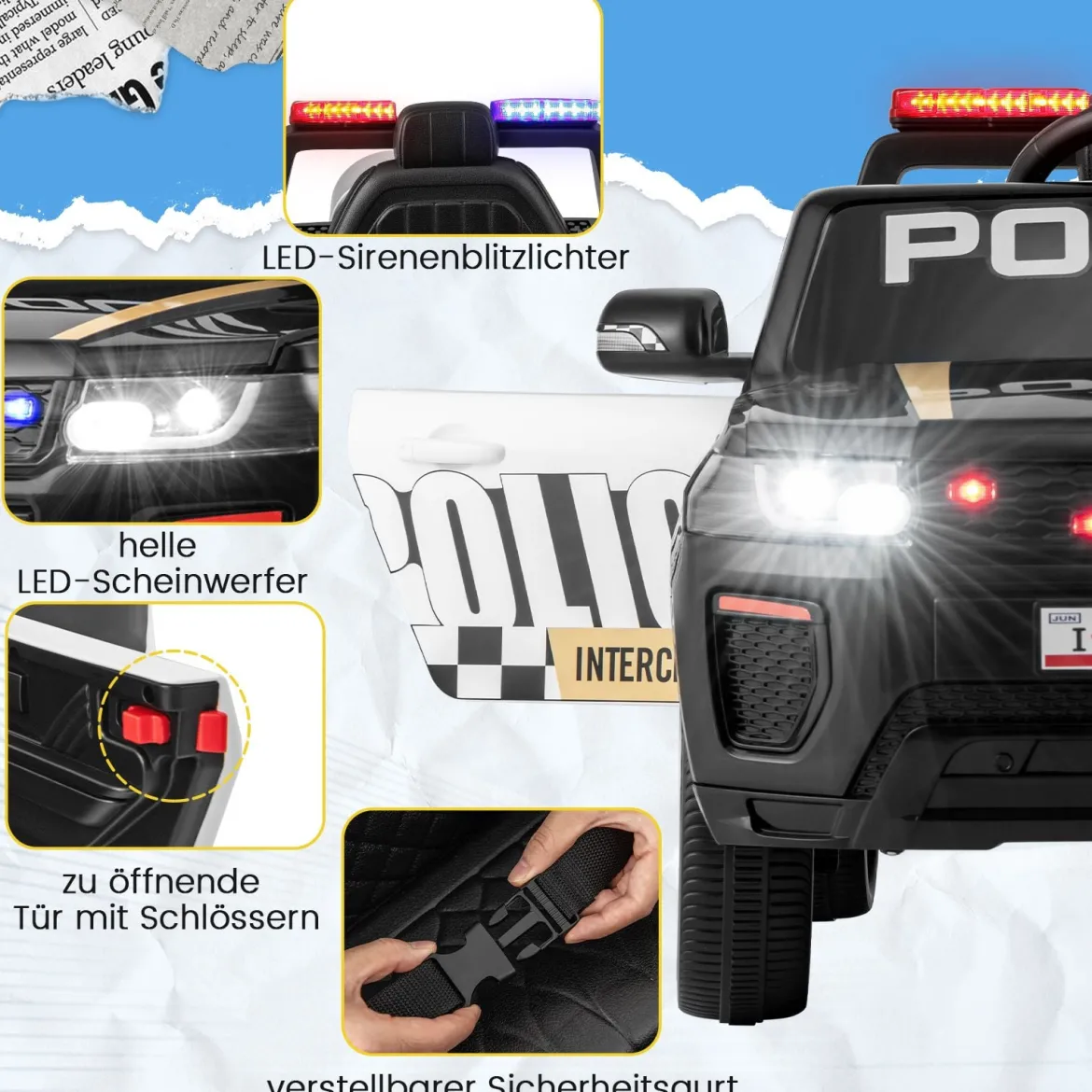 Kinder-Polizeiauto 12V betriebenes Polizeiauto mit Fernbedienung kabelloser Verbindung Musik Hupe Sirene & LED-Blinklichtern Schwarz