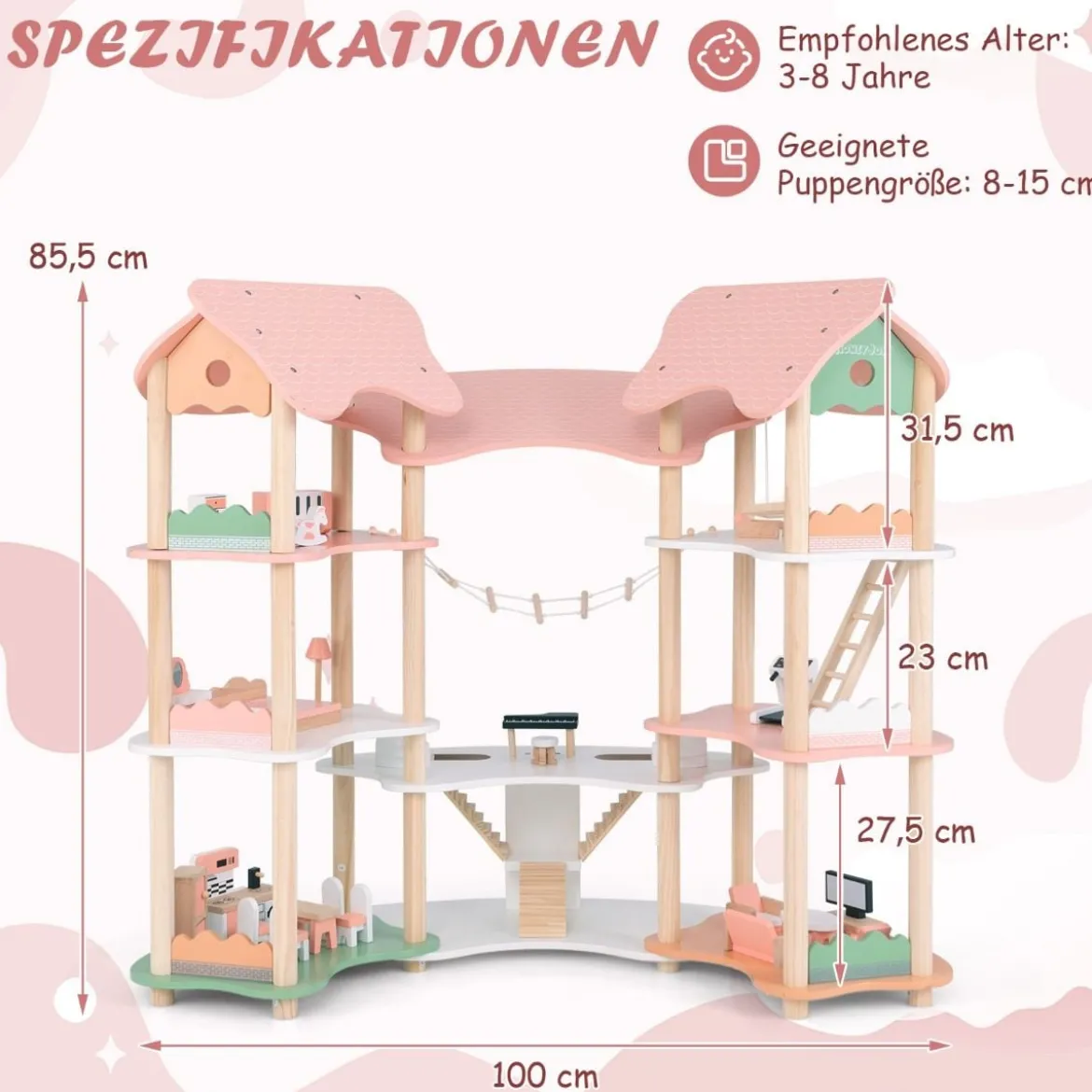 Kinder Puppenhaus aus Holz mit 32 Realistischen Möbelzubehörteilen & Dächern DIY Traumhaus