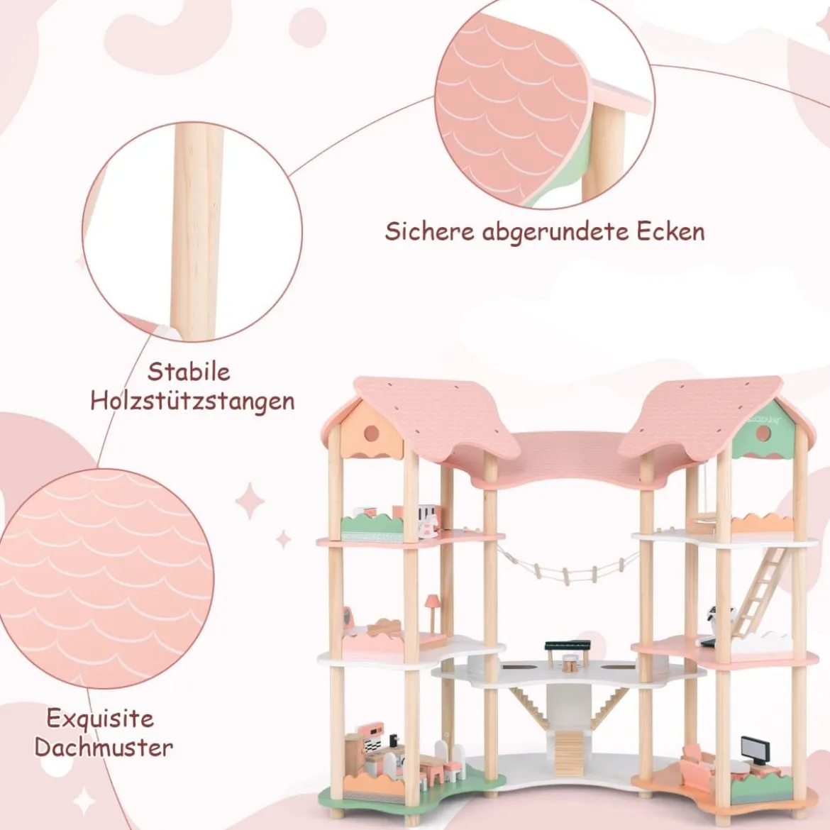 Kinder Puppenhaus aus Holz mit 32 Realistischen Möbelzubehörteilen & Dächern DIY Traumhaus