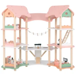 Kinder Puppenhaus aus Holz mit 32 Realistischen Möbelzubehörteilen & Dächern DIY Traumhaus