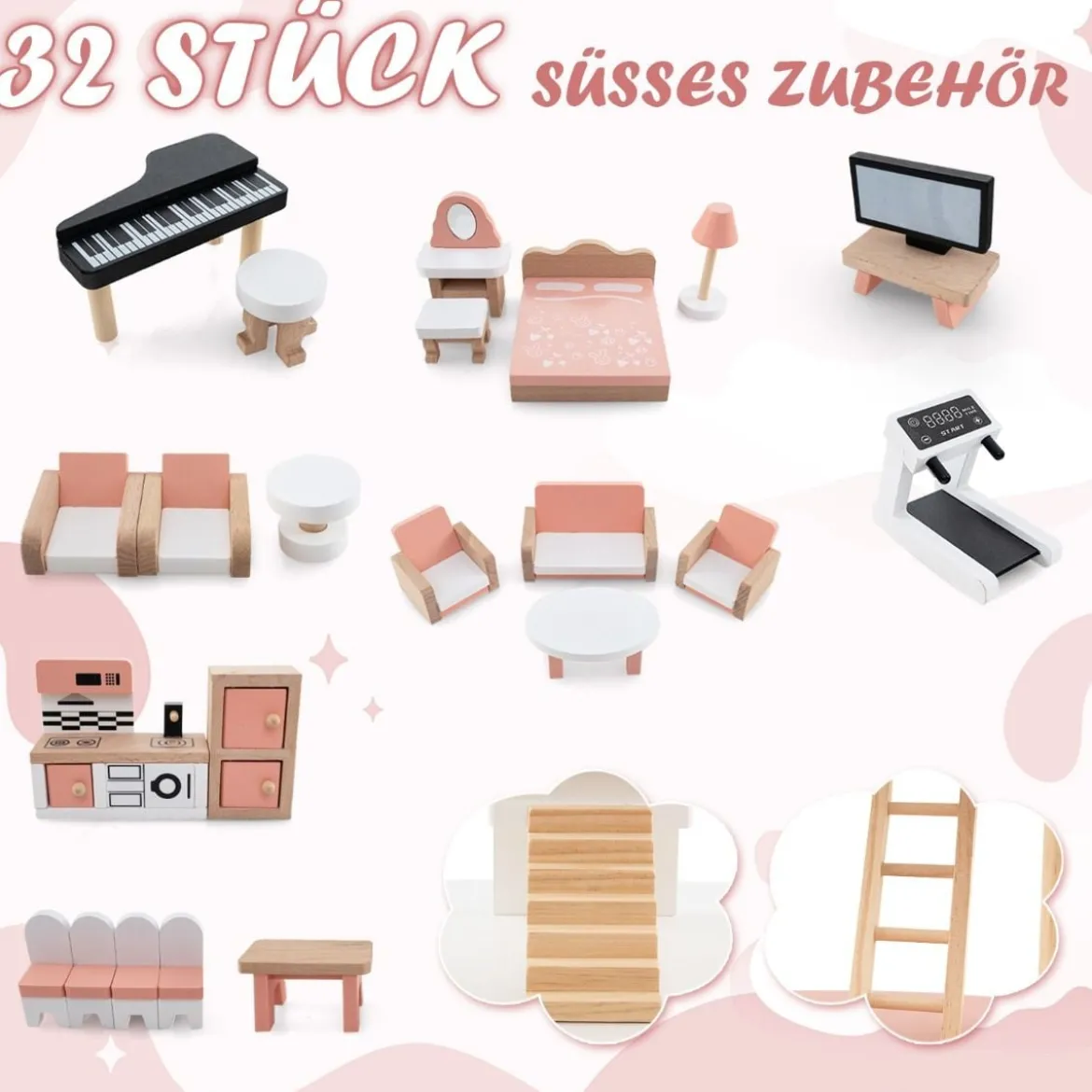 Kinder Puppenhaus aus Holz mit 32 Realistischen Möbelzubehörteilen & Dächern DIY Traumhaus