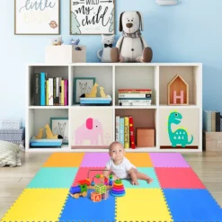 Kinder Puzzlematte aus Schaumstoff Bunte Spielmatte mit 12 ineinandergreifenden Puzzleteilen