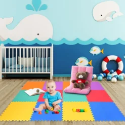 Kinder Puzzlematte aus Schaumstoff Bunte Spielmatte mit 12 ineinandergreifenden Puzzleteilen