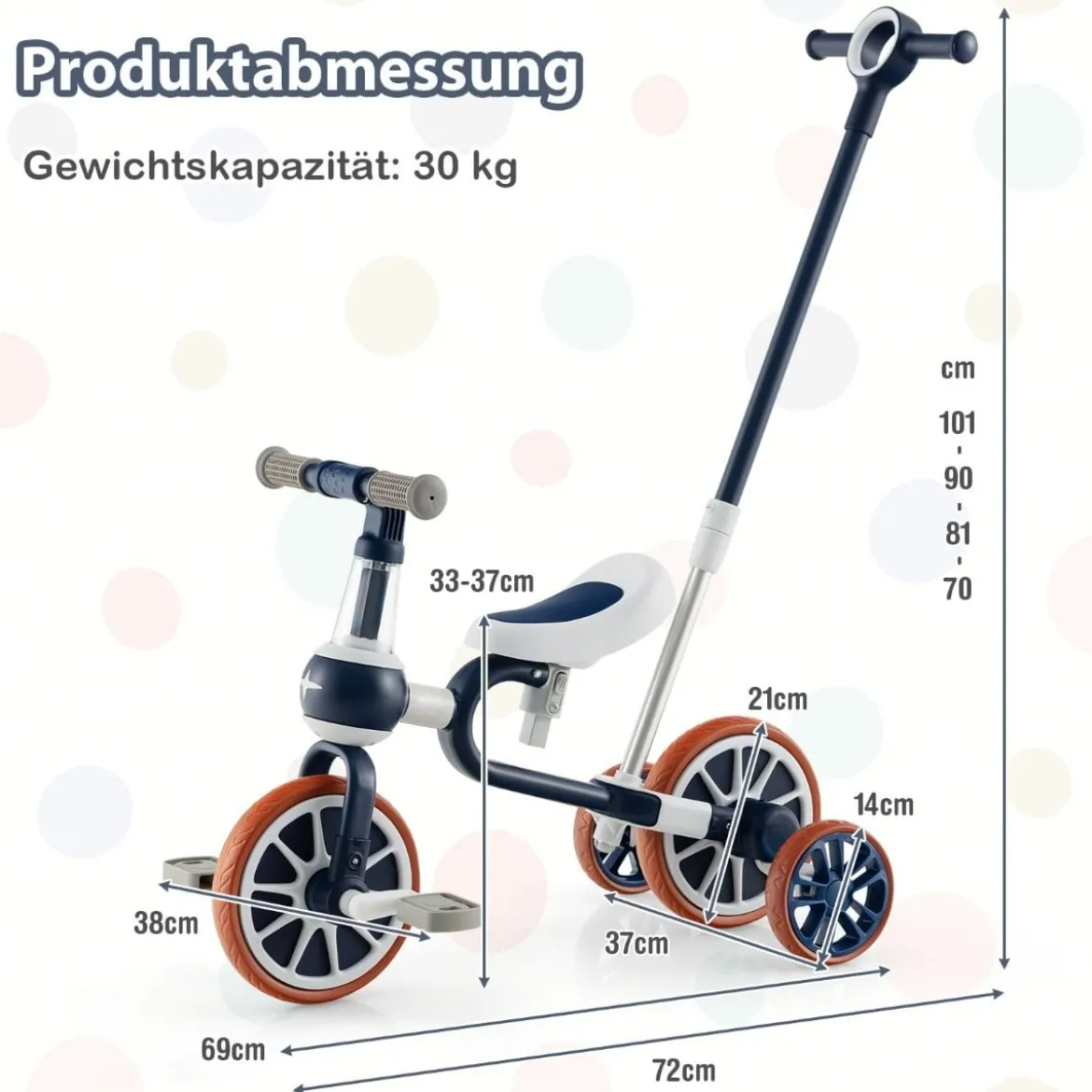 Kinderrad 4-in-1-Vorschulrad mit Eltern-Schiebegriff 37 x 72 x 101 cm Blau/Grün/Rosa