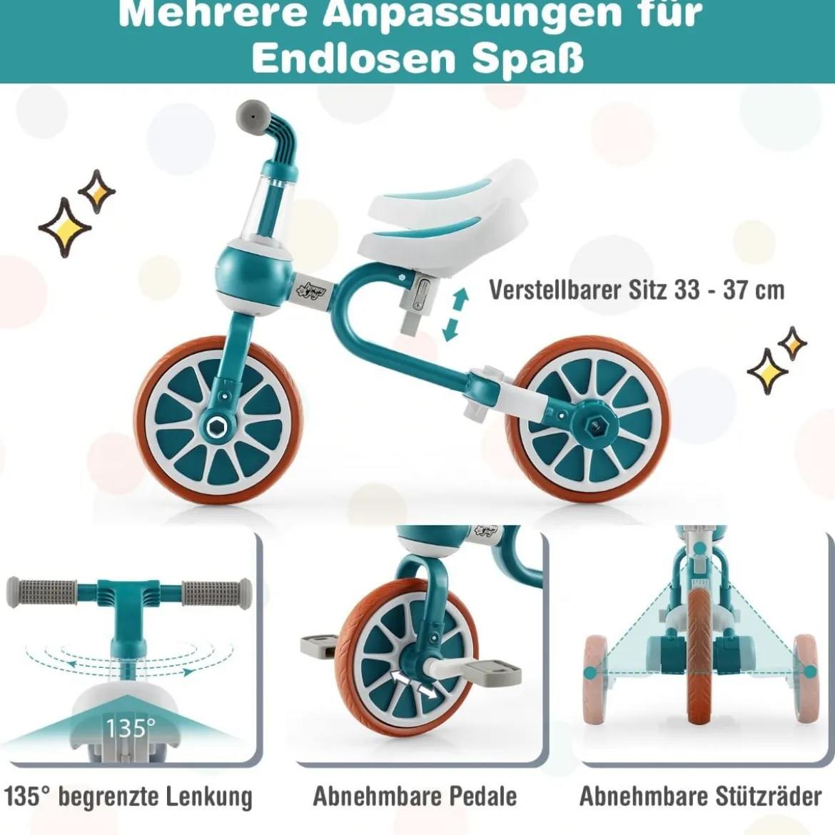 Kinderrad 4-in-1-Vorschulrad mit Eltern-Schiebegriff 37 x 72 x 101 cm Blau/Grün/Rosa