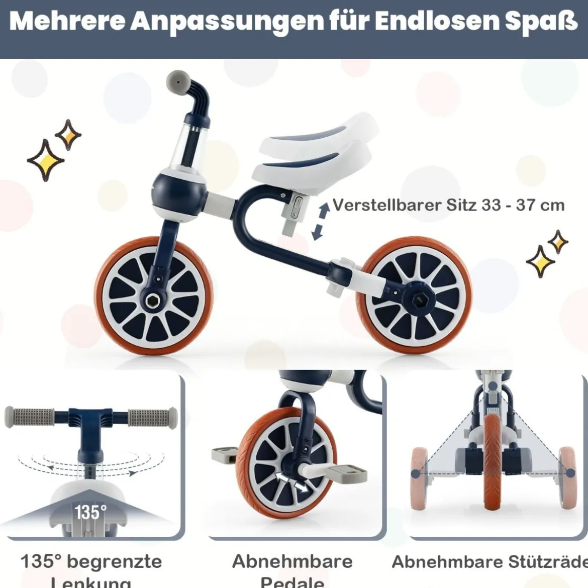 Kinderrad 4-in-1-Vorschulrad mit Eltern-Schiebegriff 37 x 72 x 101 cm Blau/Grün/Rosa
