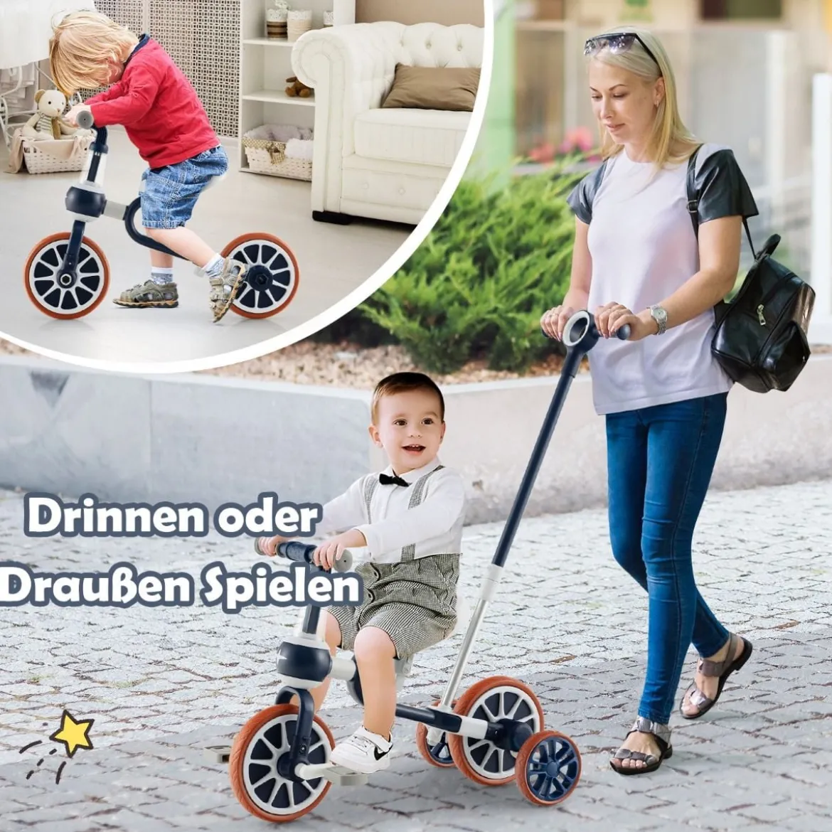 Kinderrad 4-in-1-Vorschulrad mit Eltern-Schiebegriff 37 x 72 x 101 cm Blau/Grün/Rosa