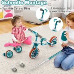 Kinderrad 4-in-1-Vorschulrad mit Eltern-Schiebegriff 37 x 72 x 101 cm Blau/Grün/Rosa