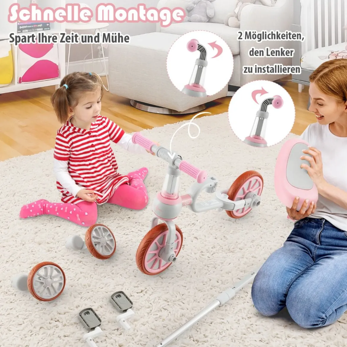 Kinderrad 4-in-1-Vorschulrad mit Eltern-Schiebegriff 37 x 72 x 101 cm Blau/Grün/Rosa