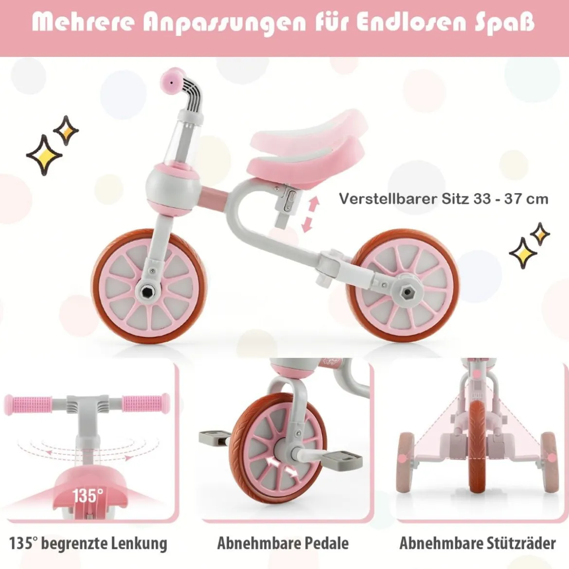 Kinderrad 4-in-1-Vorschulrad mit Eltern-Schiebegriff 37 x 72 x 101 cm Blau/Grün/Rosa