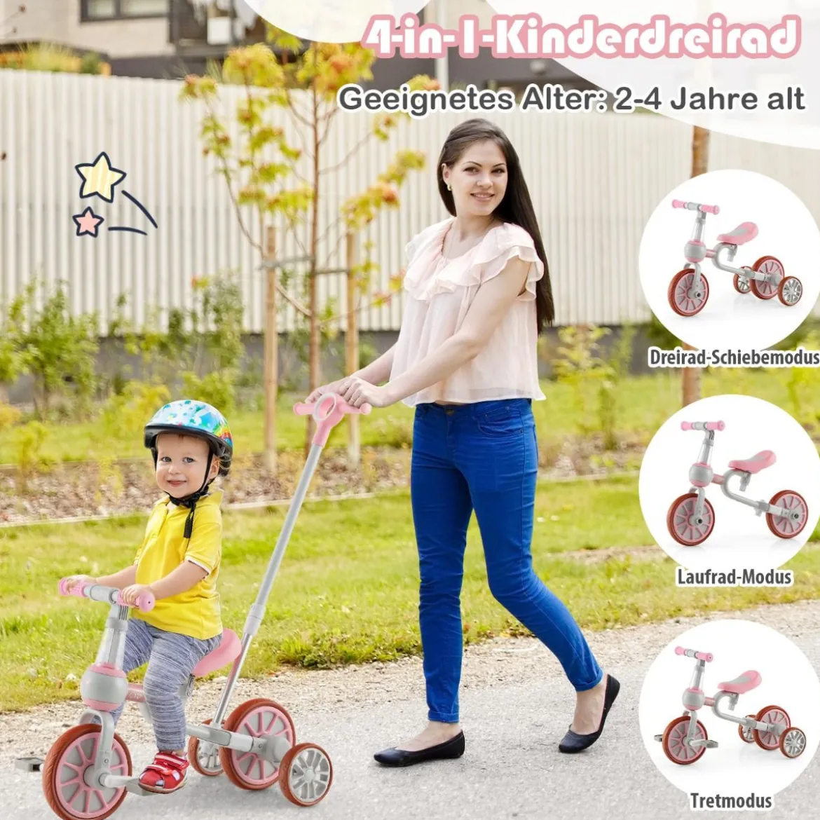 Kinderrad 4-in-1-Vorschulrad mit Eltern-Schiebegriff 37 x 72 x 101 cm Blau/Grün/Rosa
