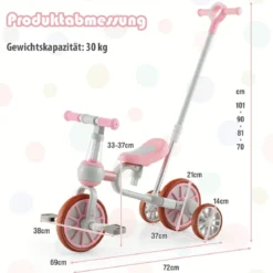 Kinderrad 4-in-1-Vorschulrad mit Eltern-Schiebegriff 37 x 72 x 101 cm Blau/Grün/Rosa