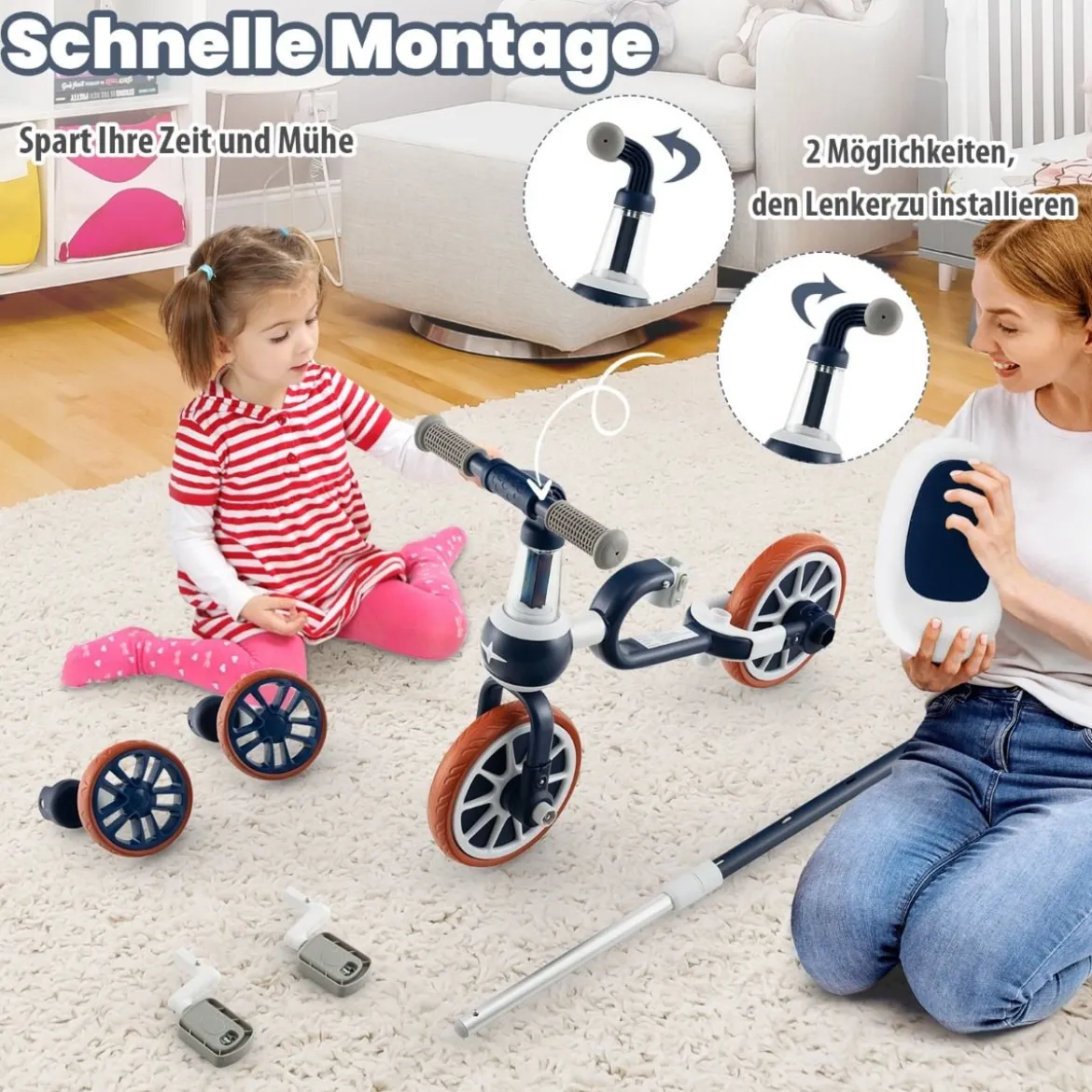 Kinderrad 4-in-1-Vorschulrad mit Eltern-Schiebegriff 37 x 72 x 101 cm Marine
