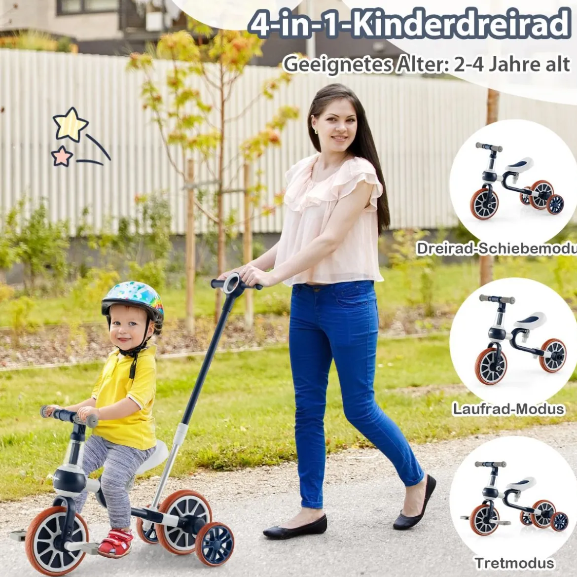 Kinderrad 4-in-1-Vorschulrad mit Eltern-Schiebegriff 37 x 72 x 101 cm Marine