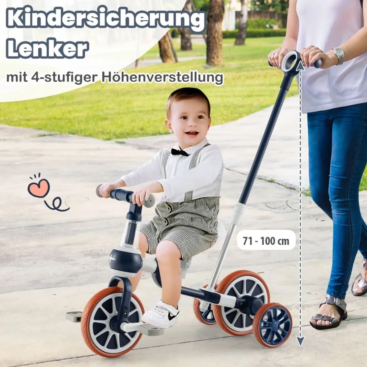 Kinderrad 4-in-1-Vorschulrad mit Eltern-Schiebegriff 37 x 72 x 101 cm Marine