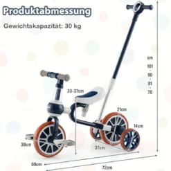 Kinderrad 4-in-1-Vorschulrad mit Eltern-Schiebegriff 37 x 72 x 101 cm Marine