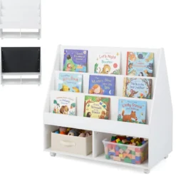Kinderregal aus Holz Kinder Bücherregal mit Rollen & Kreidetafel Spielzeugregal mit 3 Regale & 2 Fächern Weiß
