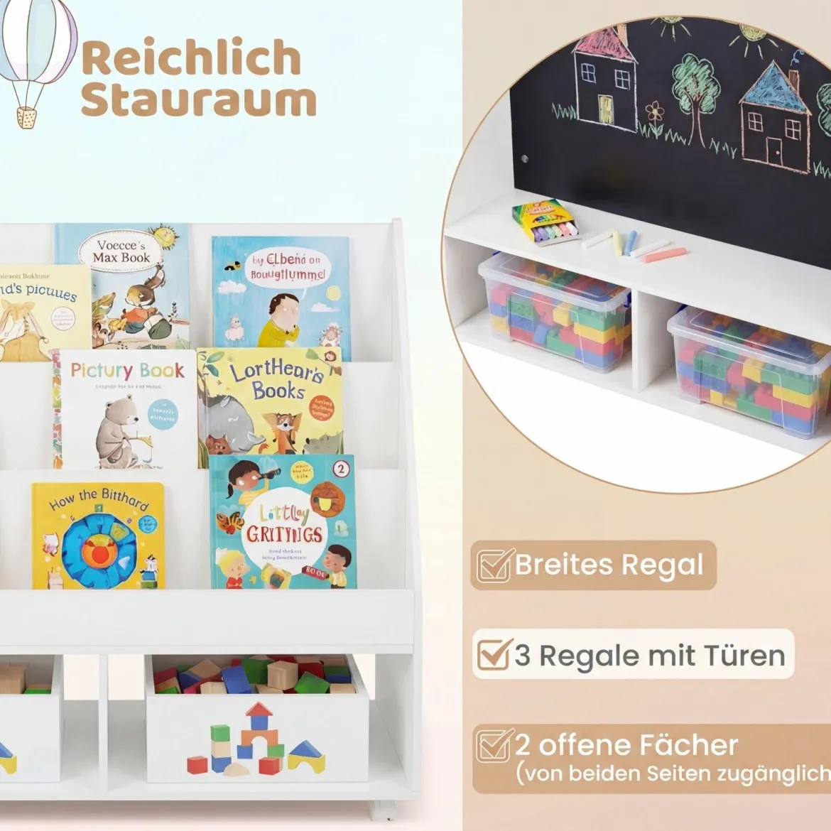 Kinderregal aus Holz Kinder Bücherregal mit Rollen & Kreidetafel Spielzeugregal mit 3 Regale & 2 Fächern Weiß