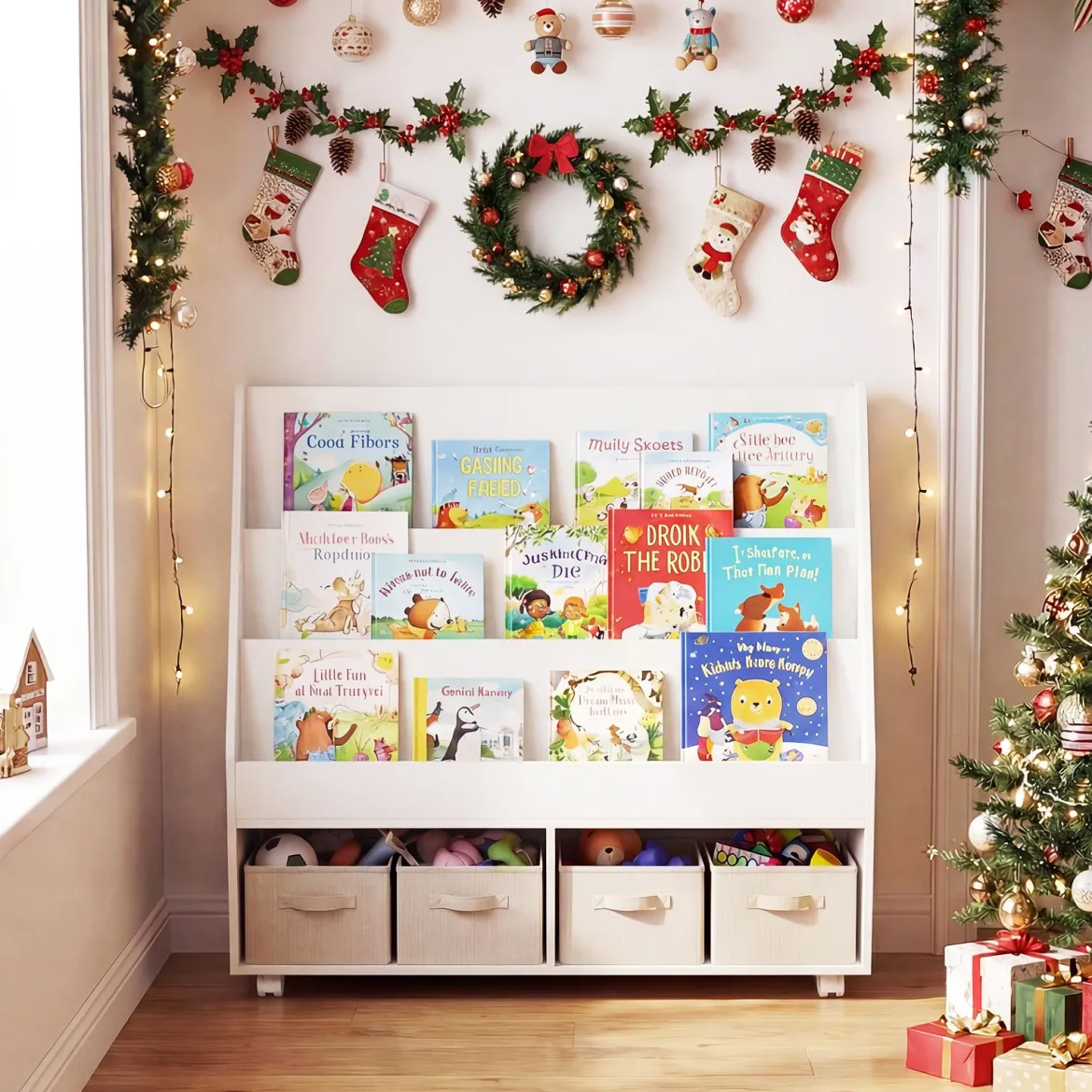 Kinderregal aus Holz Kinder Bücherregal mit Rollen & Kreidetafel Spielzeugregal mit 3 Regale & 2 Fächern Weiß