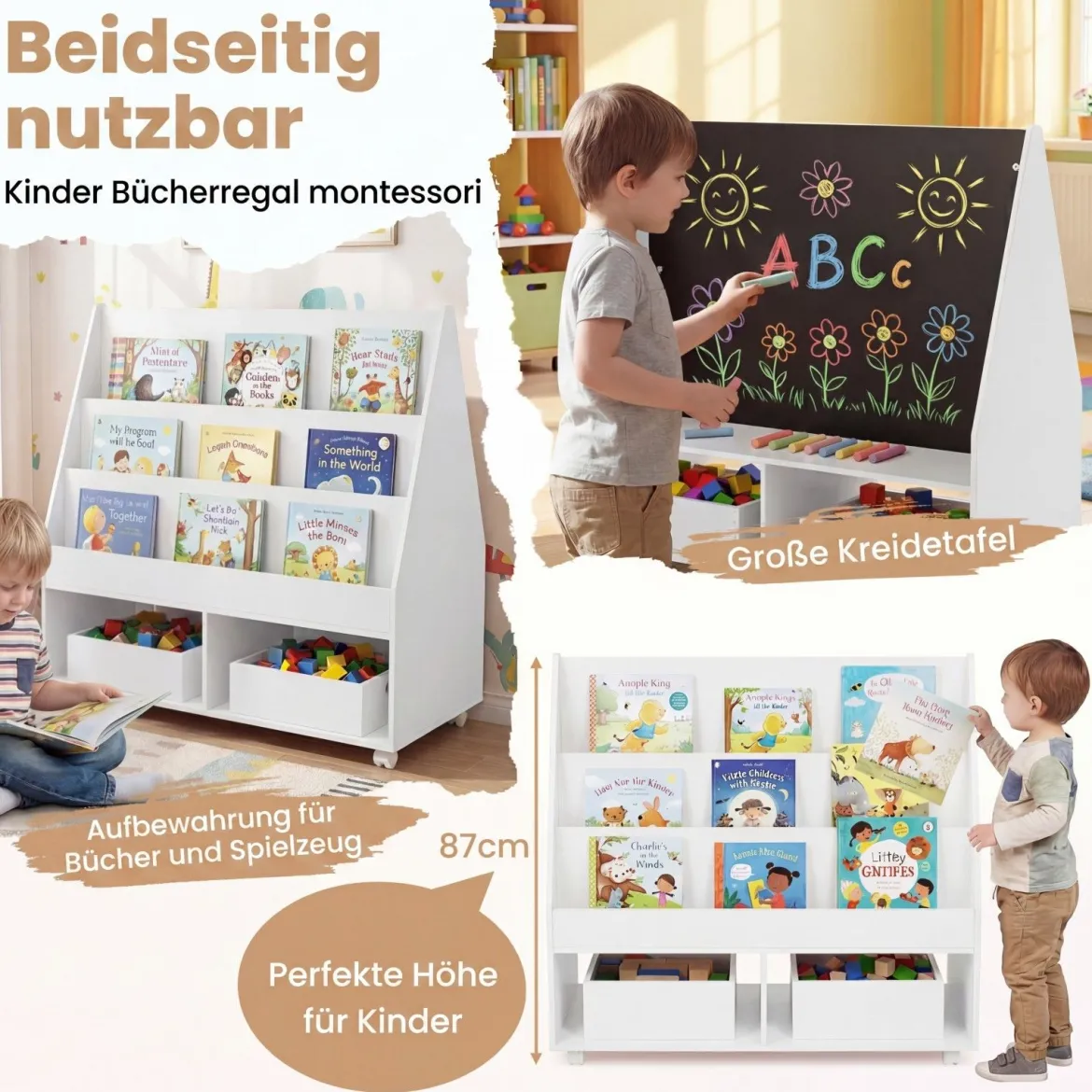 Kinderregal aus Holz Kinder Bücherregal mit Rollen & Kreidetafel Spielzeugregal mit 3 Regale & 2 Fächern Weiß
