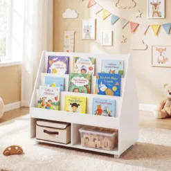 Kinderregal aus Holz Kinder Bücherregal mit Rollen & Kreidetafel Spielzeugregal mit 3 Regale & 2 Fächern Weiß