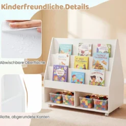 Kinderregal aus Holz Kinder Bücherregal mit Rollen & Kreidetafel Spielzeugregal mit 3 Regale & 2 Fächern Weiß